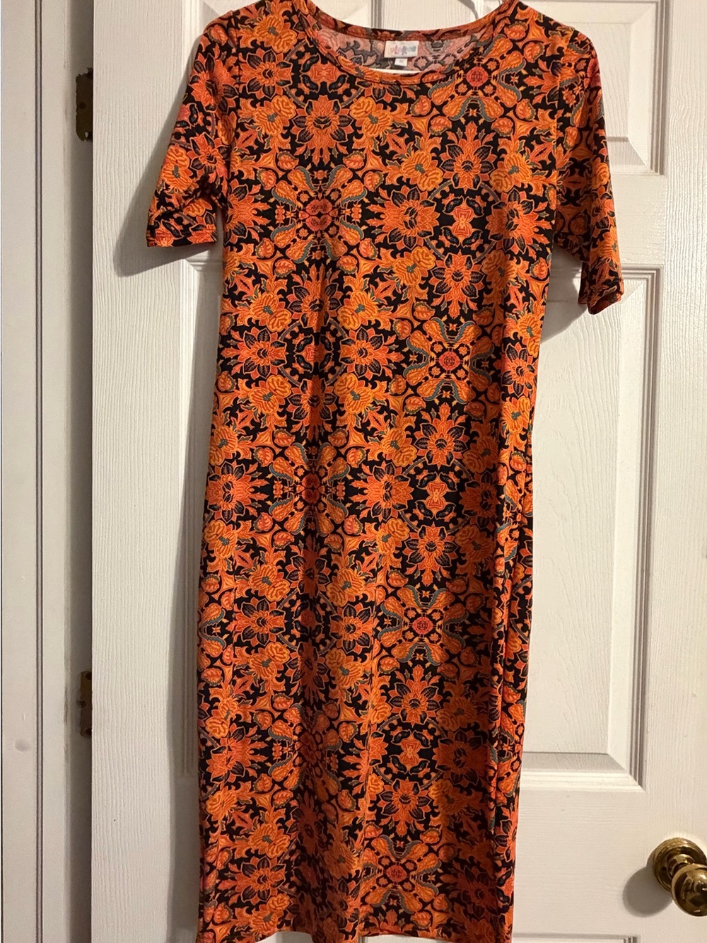 LuLaRoe Orange and Black Floral Short-Sleeve Midi Dress